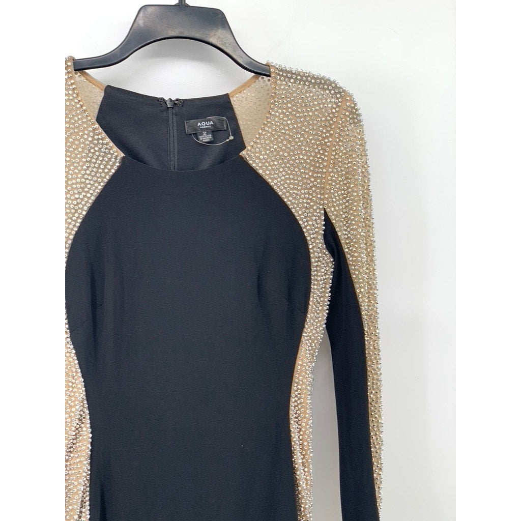 AQUA Women's Beige-Black Beaded Scoop-Neck Long Sleeve Illusion Shift Dress SZ 2