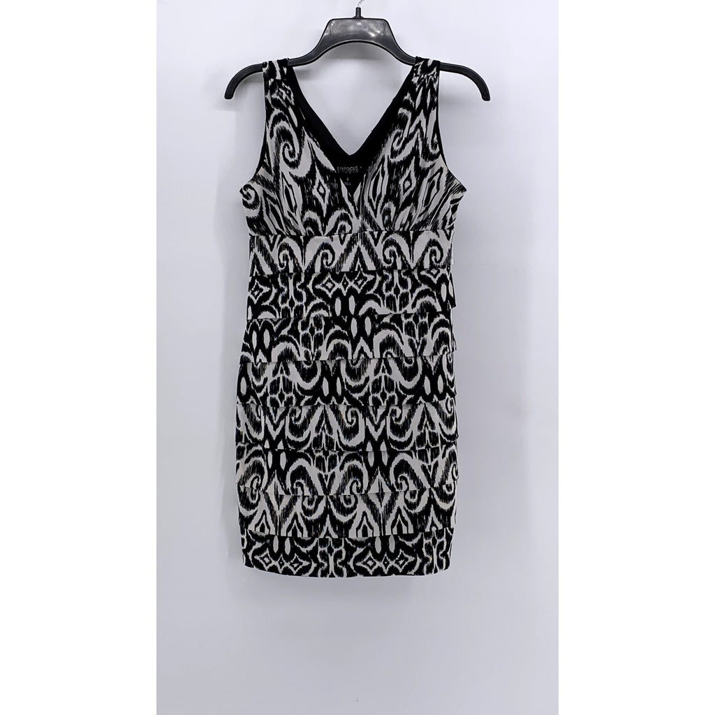 ENFOCUS STUDIO Women's Black-White Printed Sleeveless V-Neck Sheath Dress SZ 8