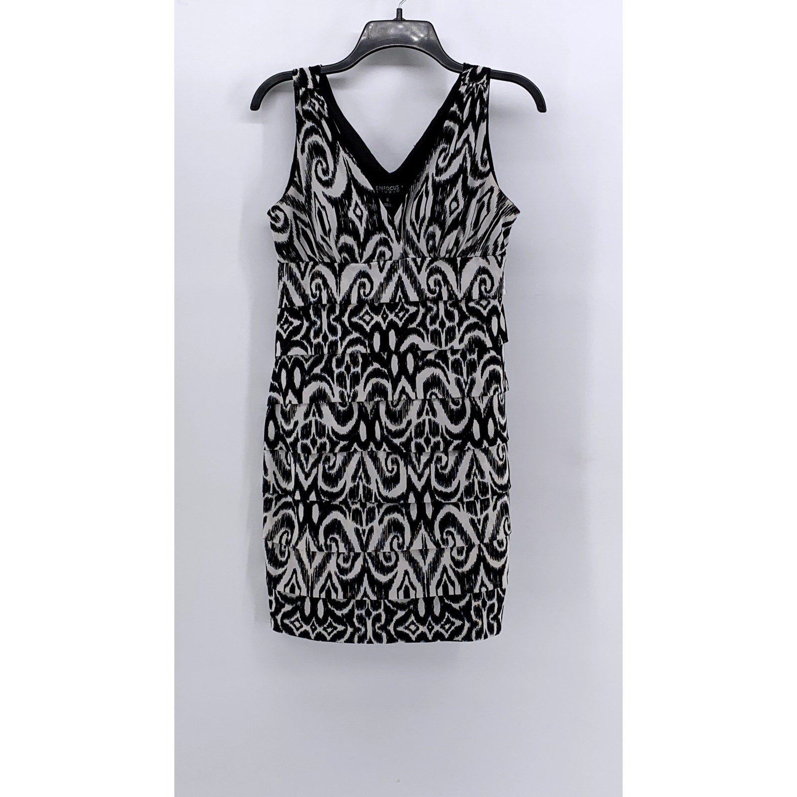 ENFOCUS STUDIO Women's Black-White Printed Sleeveless V-Neck Sheath Dress SZ 8