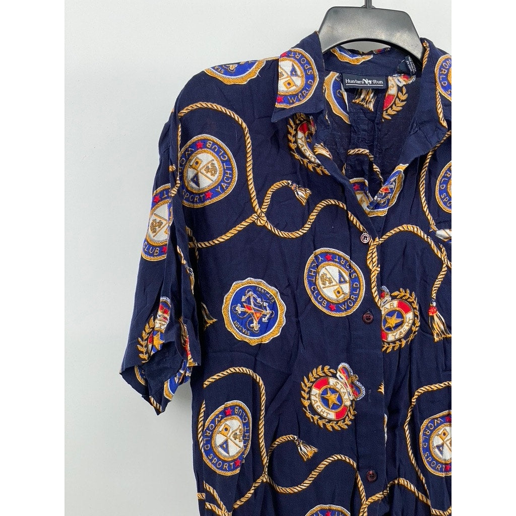 HUNTERS RUN Women's Vintage Navy Nautical Sailor Short Sleeve Button-Up Top SZ L