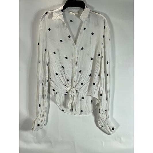 BOHME Women's White-Black Polka Dot Button-Up Tie-Front Long Sleeve Top SZ XS