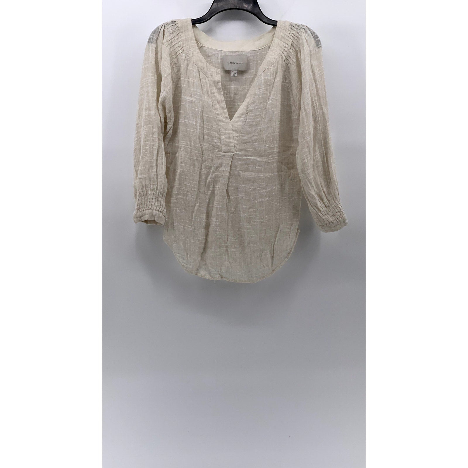 BROCHU WALKER Women's Beige V-Neck Long Sleeve Cotton-Linen Top SZ XS