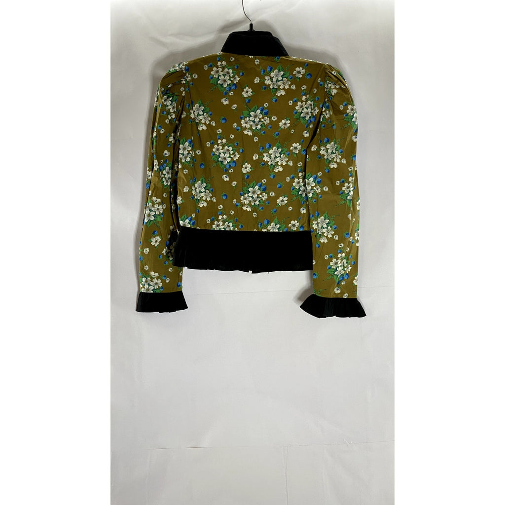 UNBRANDED Women's Green Floral Ruffle Button-Up Long Sleeve Top SZ S