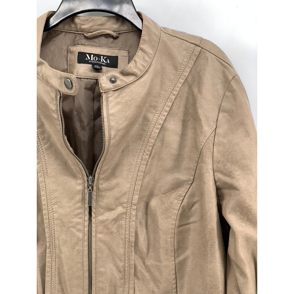 MO-KA By Santa Fe Apparel Women's Tan Faux-Leather Zip UP Jacket SZ 2XL