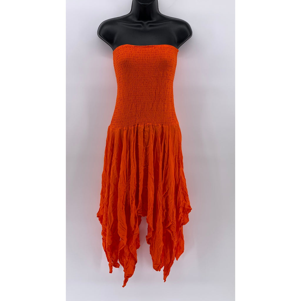 ECOTE Women's Orange Y2K Strapless Handkerchief Hem Smocked Midi Dress SZ M