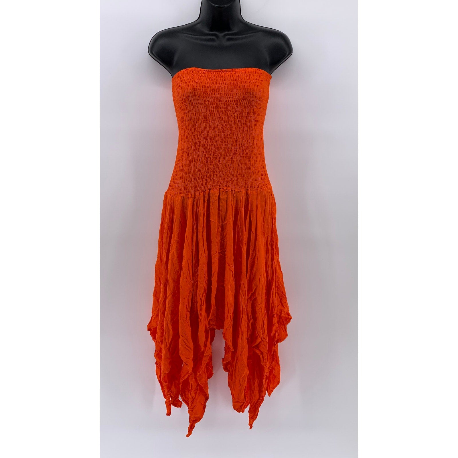 ECOTE Women's Orange Y2K Strapless Handkerchief Hem Smocked Midi Dress SZ M
