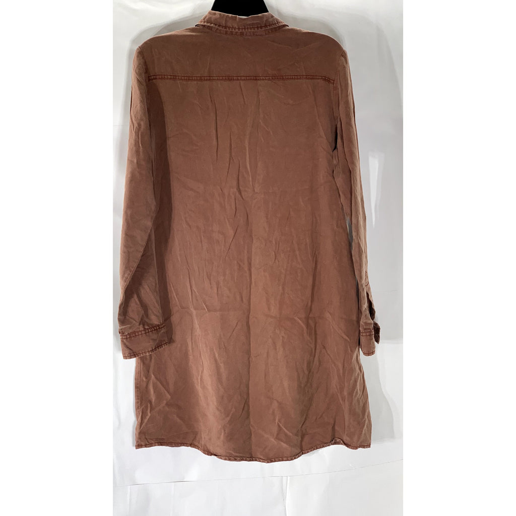 UNBRANDED Women's Burnt Orange Roll-Tab Long Sleeve Relaxed-Fit Henley Dress SZS