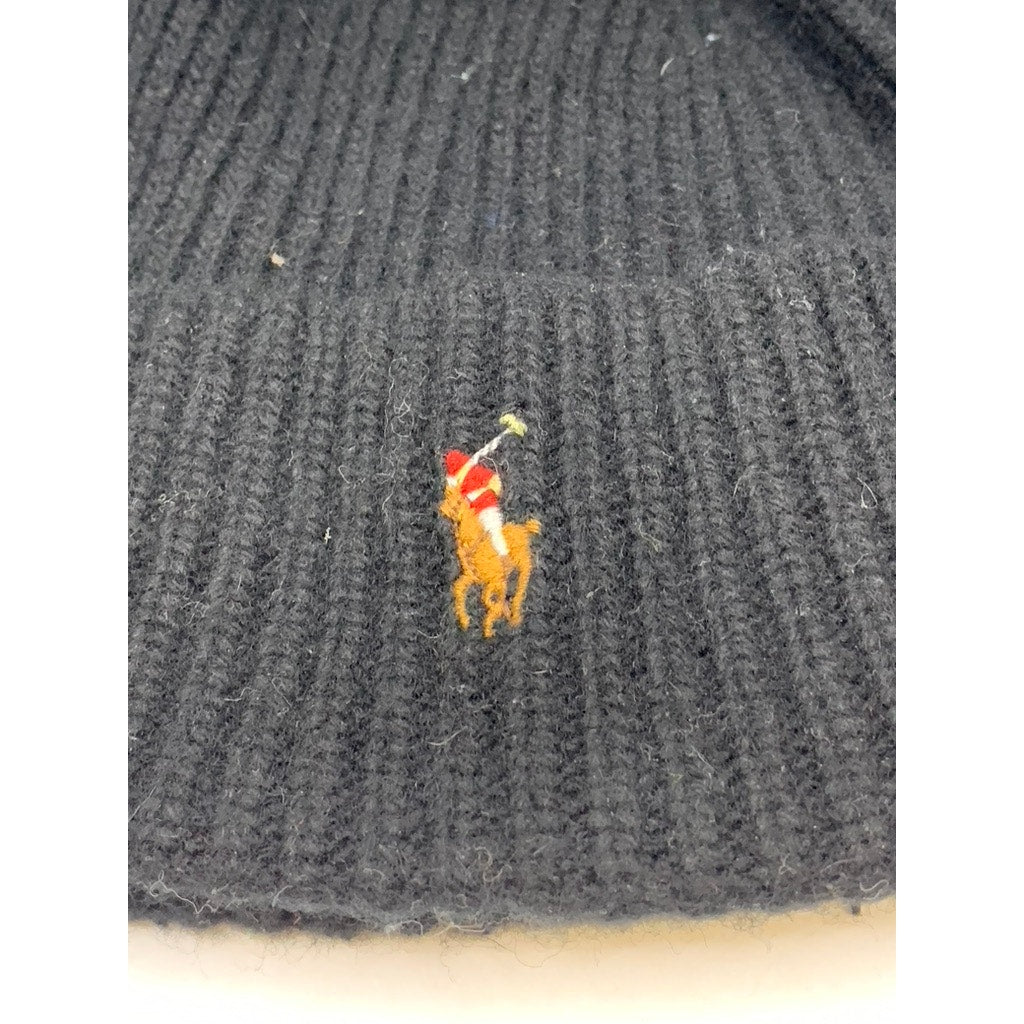 POLO RALPH LAUREN Men's Black Ribbed Embroidered Logo Beanie SZ OS