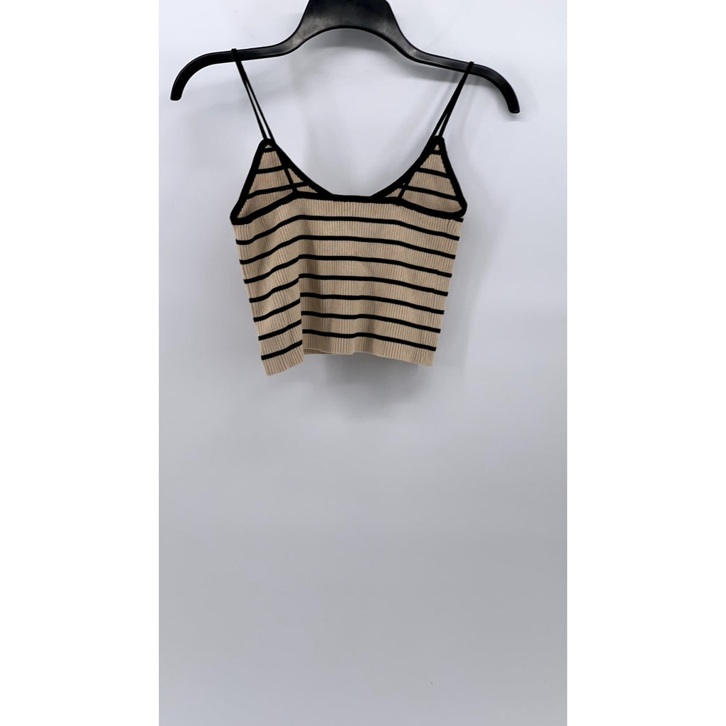 COMMENSE Women's Beige-Black Striped Spaghetti Strap V-Neck Cropped Top SZ L