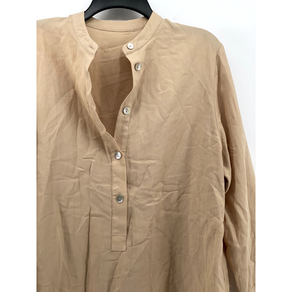 UNBRANDED Women's Beige Mandarin Collar Long Sleeve Side-Slit Tunic Top SZ L