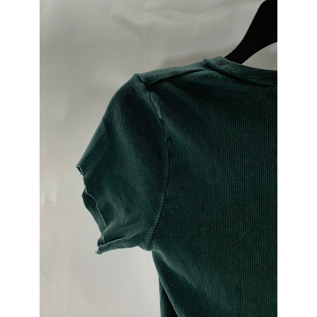 BRANDY MELVILLE Women's Dark Green Ribbed V-Neck Short Sleeve Top SZ XS