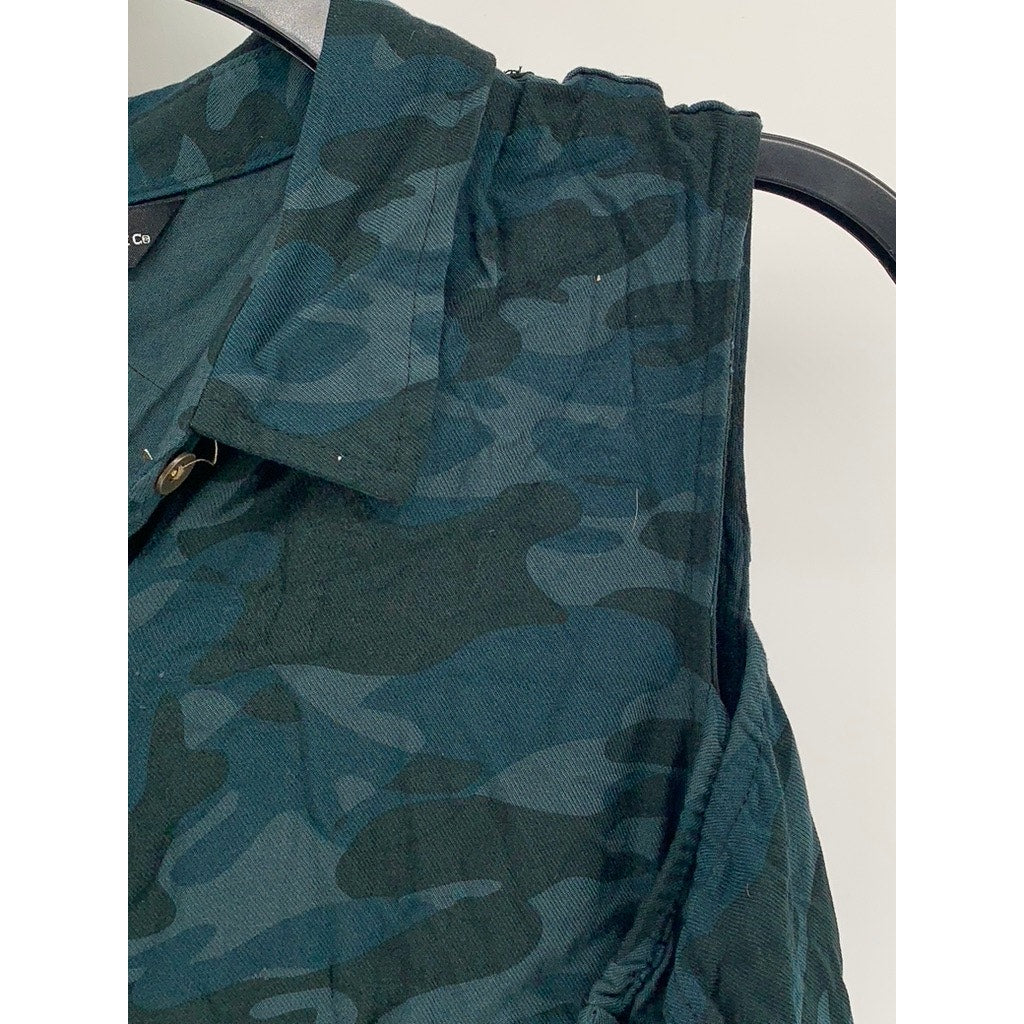 ROCK & REPUBLIC Women's Blue Camo Long Sleeve Cold-Shoulder Button-Up Top SZ L