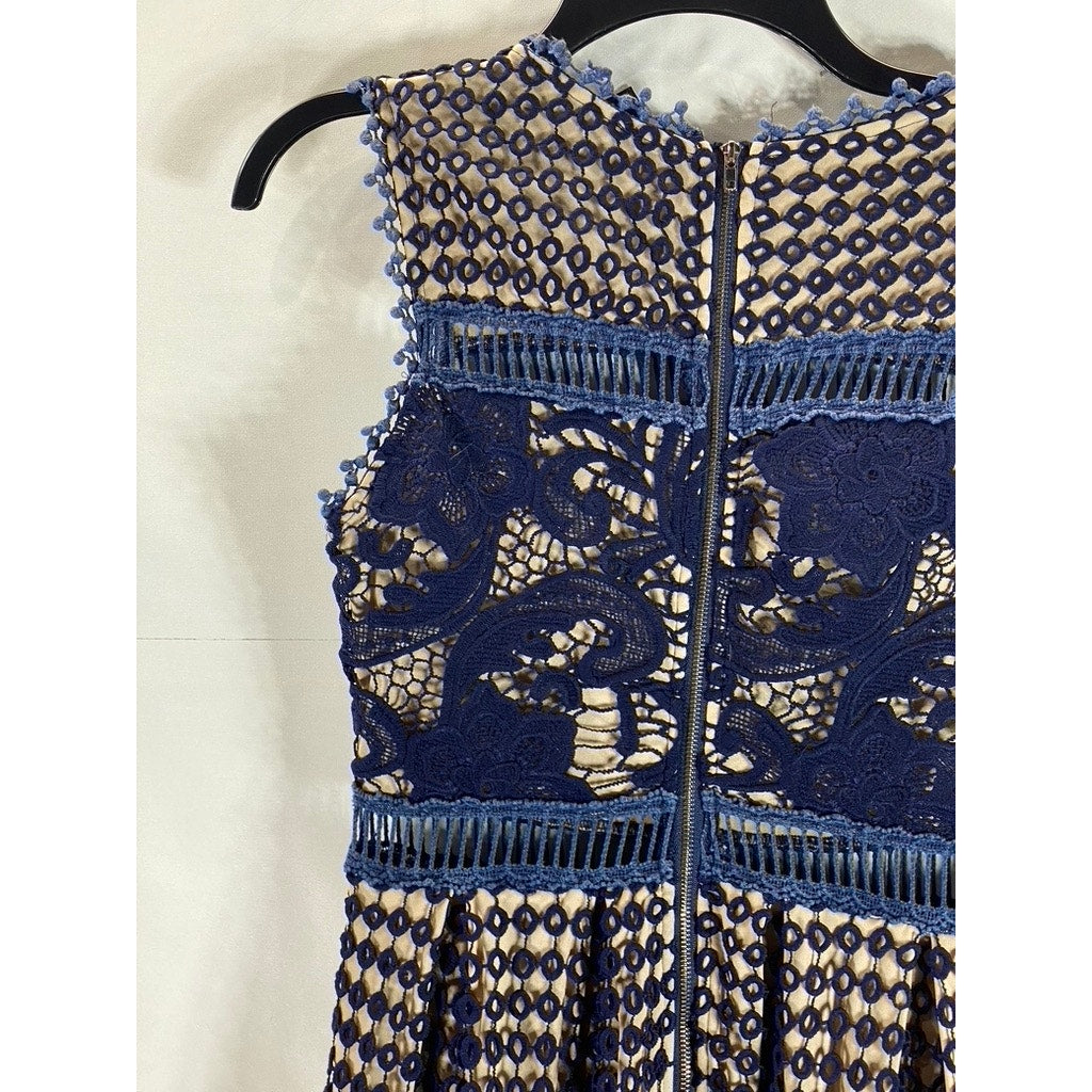 AQUA Women's Navy/Nude Eyelet Lace-Trim Sleeveless A-Line Mini Dress SZ S