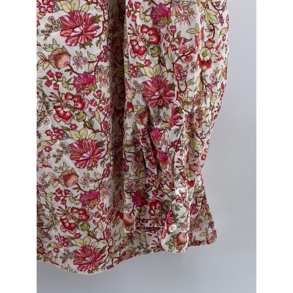 LANDS' END Women's White-Red Floral Corduroy Regular-Fit Button-Up Top SZ M