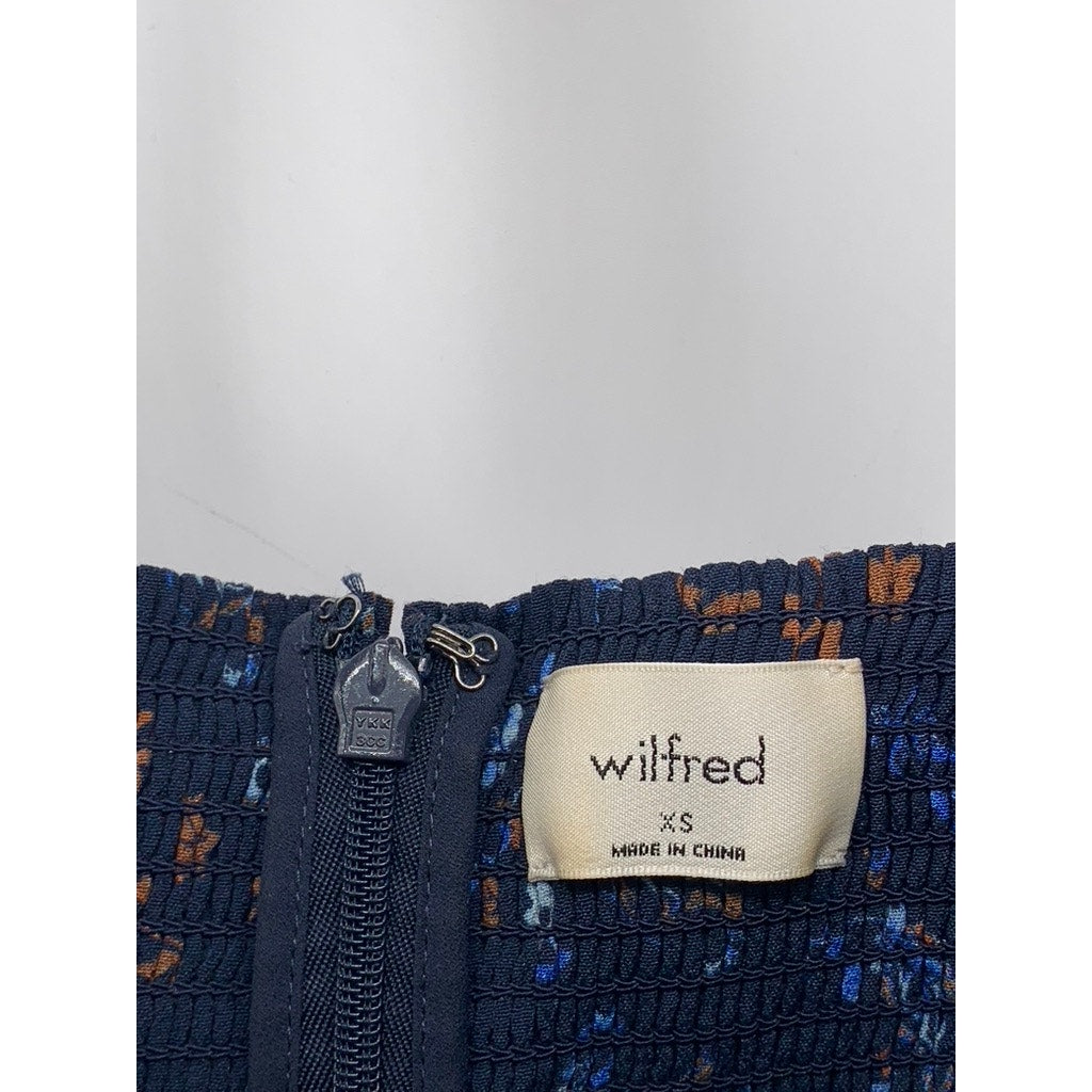 WILFRED Women's Navy Blue Floral V-Neck Tie-Sleeve A-Line Mini Dress SZ XS