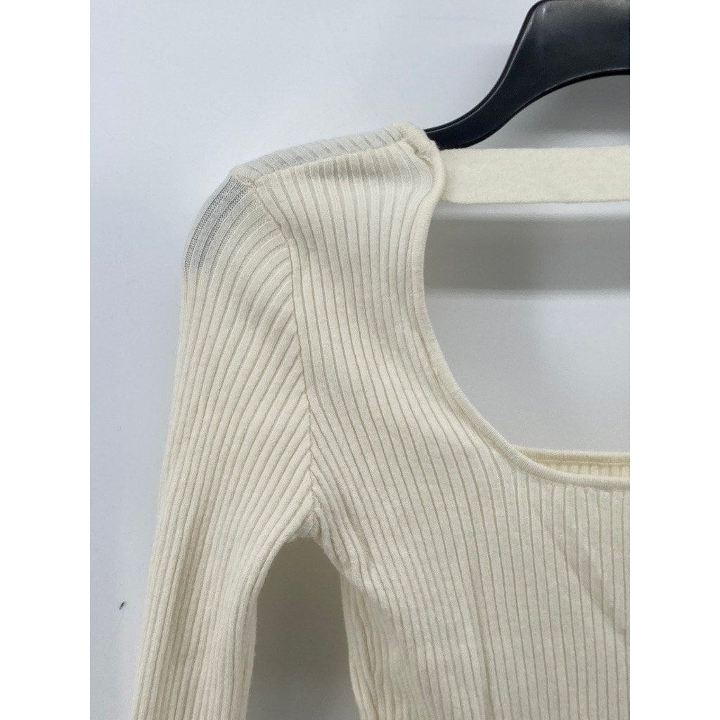 HYFVE Women’s Cream Ribbed Scoopneck Long Sleeve Cutout Top SZ S