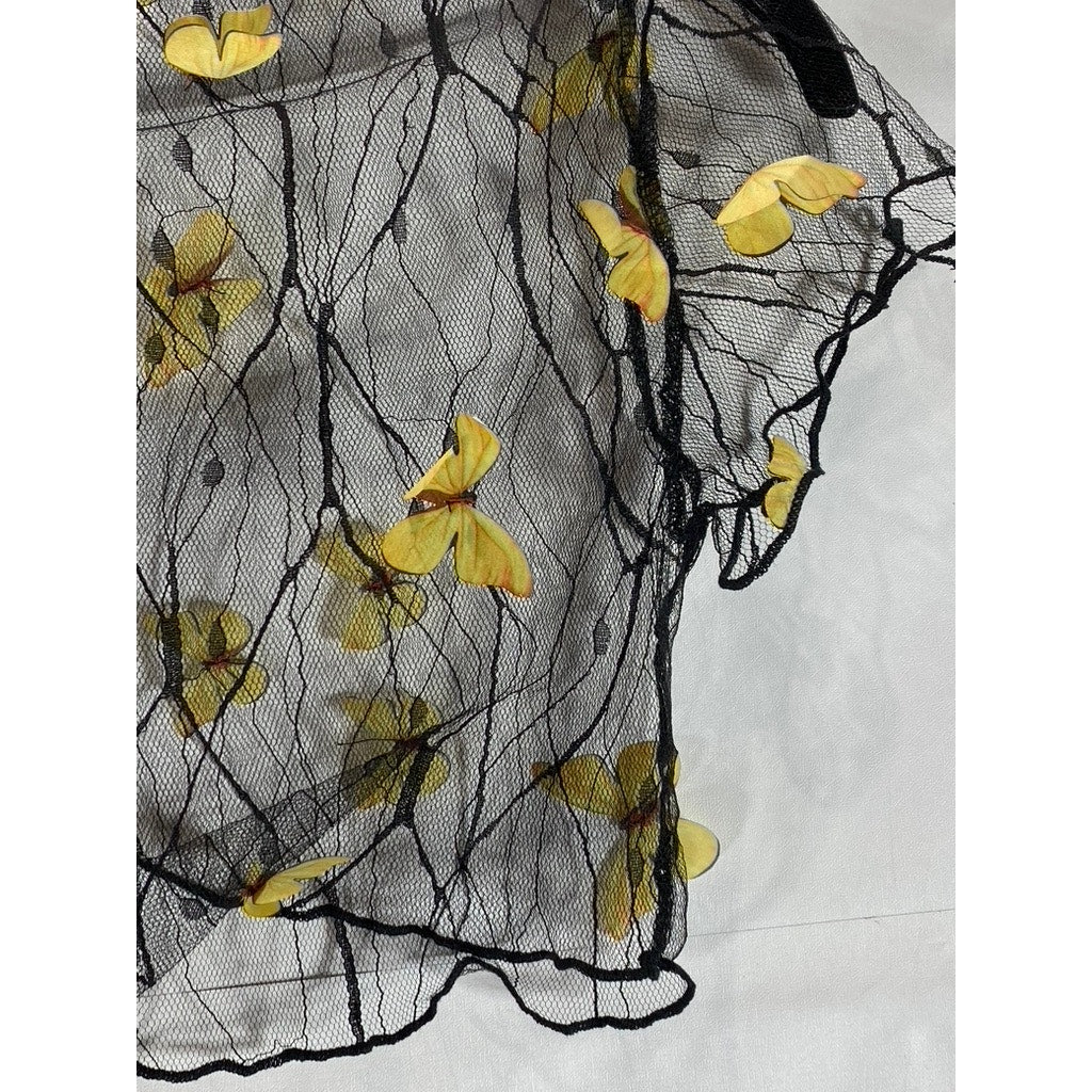 Women's Black/Yellow 3D Butterfly Mesh Short Sleeve Cover Up Top