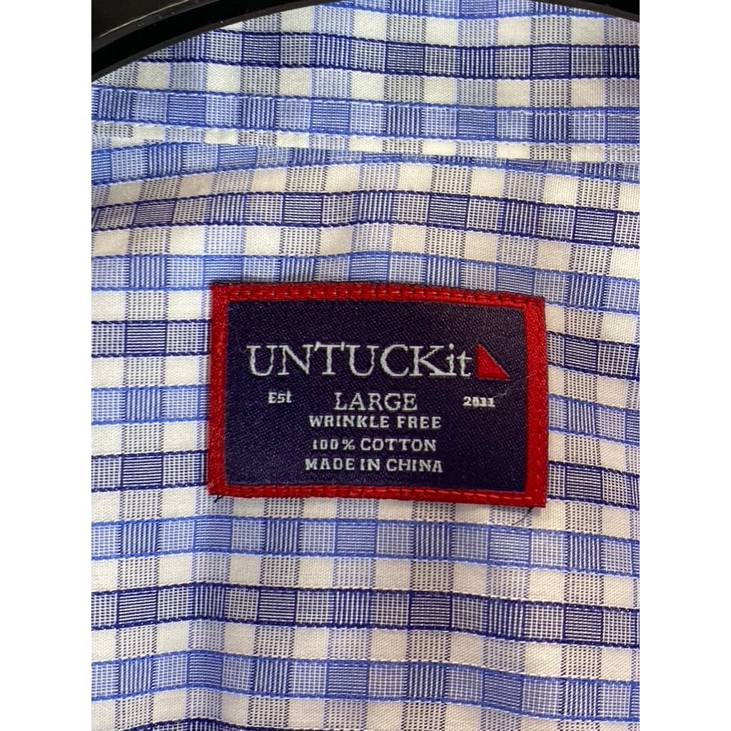 UNTUCKIT Men's Blue Micro Check Wrinkle-Free Short Sleeve Button-Up Shirt SZ L