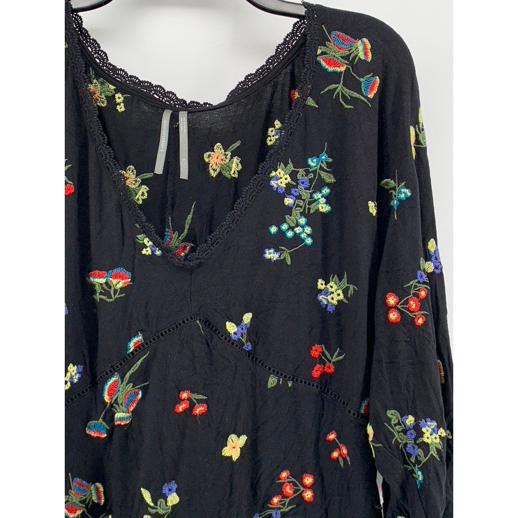 BY ANTHROPOLOGIE Women's Black Floral Lace Trim 3/4 Sleeve Top SZ L