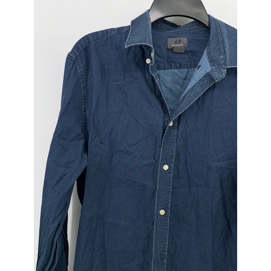 H&M Men's Blue Denim Premium Cotton Button-Up Long Sleeve Shirt SZ M