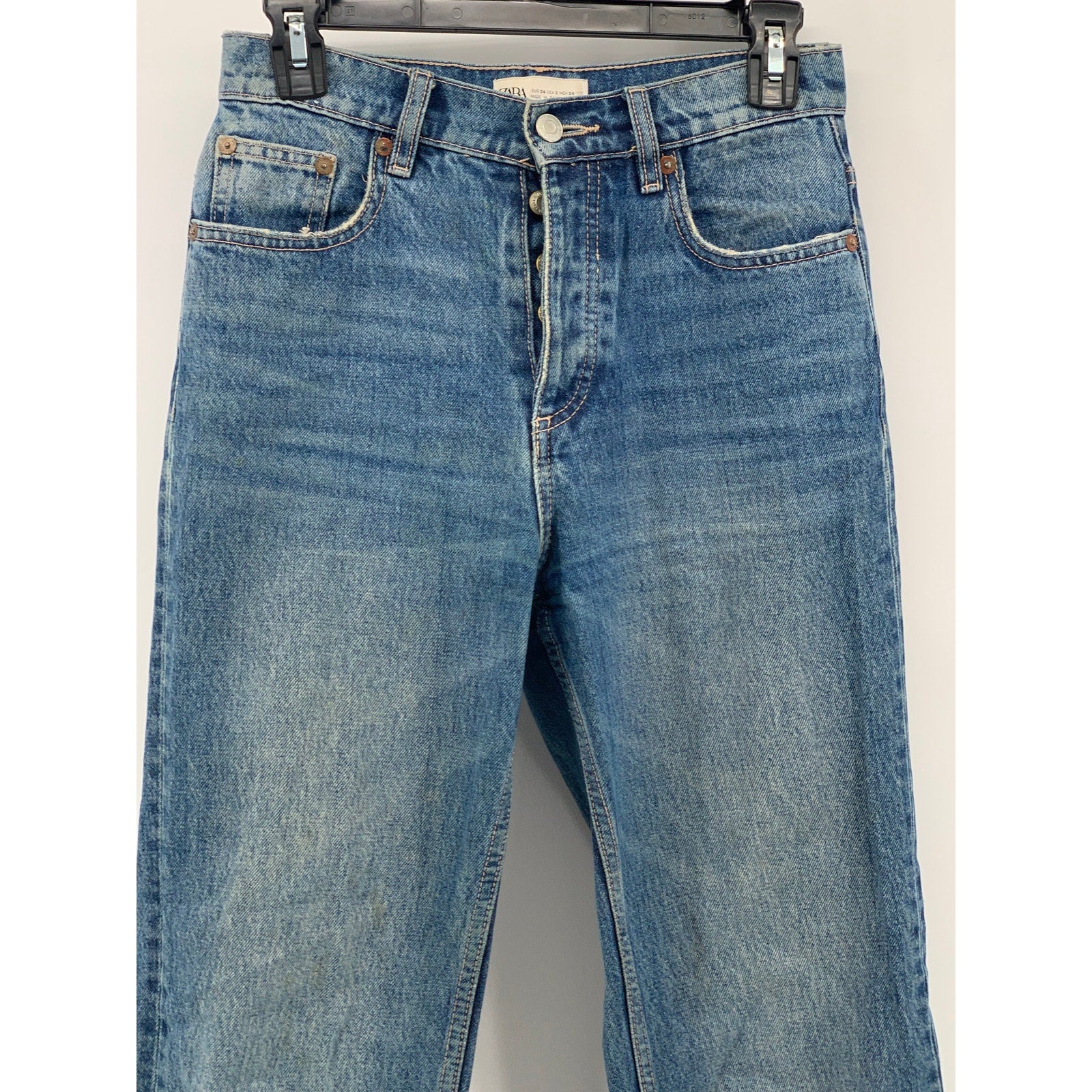 ZARA Women's Blue Denim High-Rise Straight-Leg Cotton Five-Pocket Jeans SZ 2