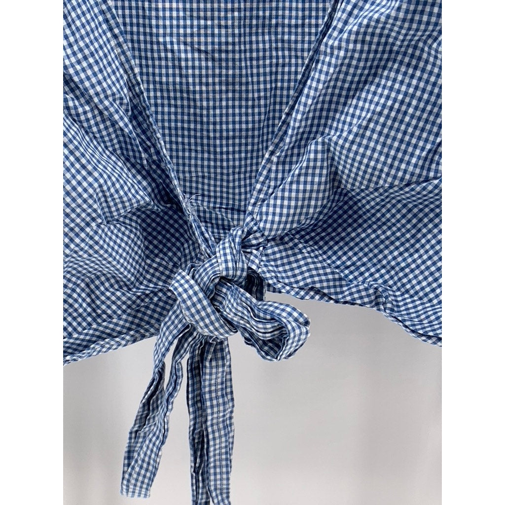 H&M Women's Blue-White Gingham Tie-Front Short Sleeve Cropped Top SZ 6