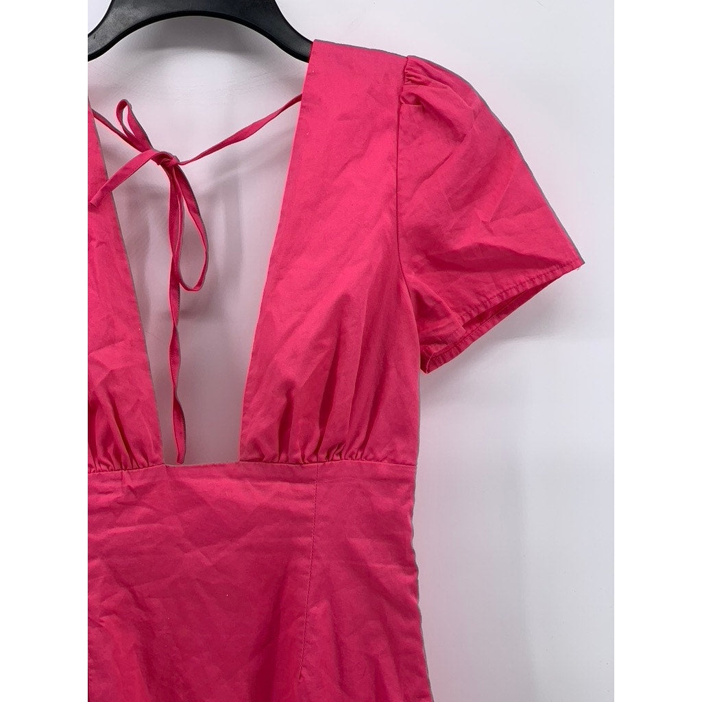 BEGINNING BOUTIQUE Women's Pink Deep V-Neck Short Sleeve A-Line Mini Dress SZ S