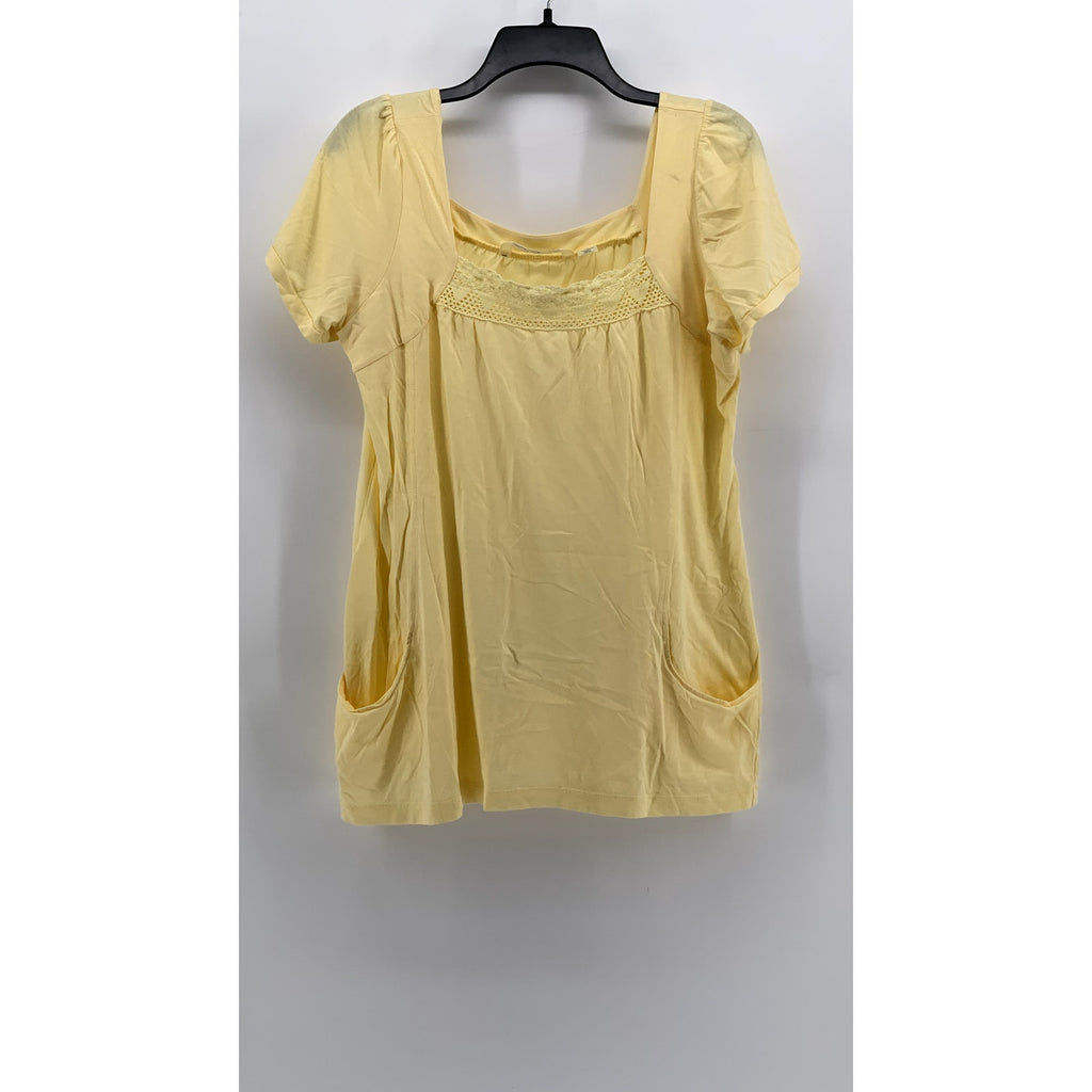 DEREK HEART PLUS Women's Yellow Crochet Trim Short Sleeve Top SZ 1X