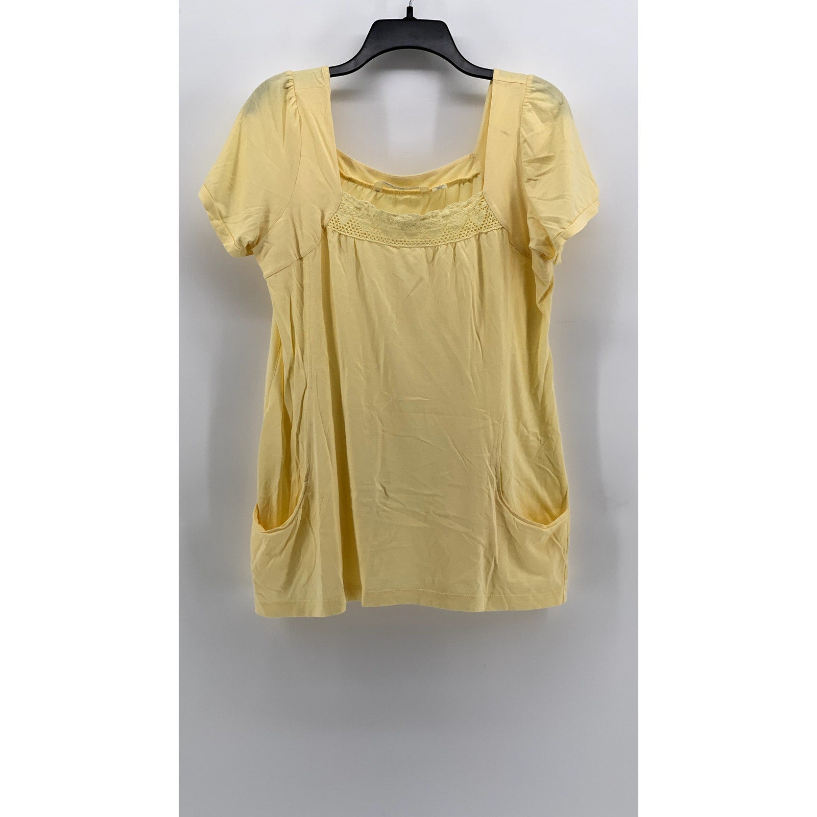 DEREK HEART PLUS Women's Yellow Crochet Trim Short Sleeve Top SZ 1X