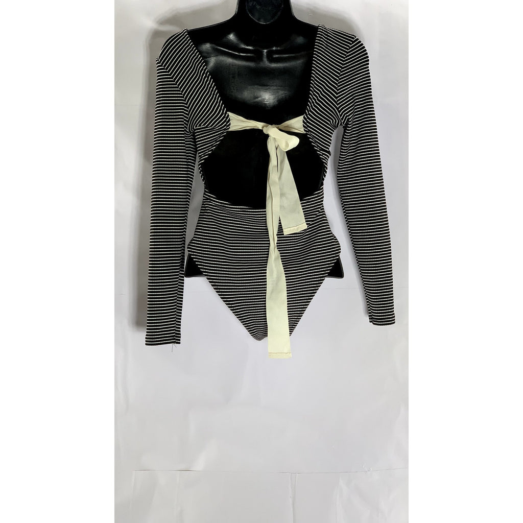 TOPSHOP Women's Black-White Striped Tie-Back Bow Long Sleeve Bodysuit SZ 8