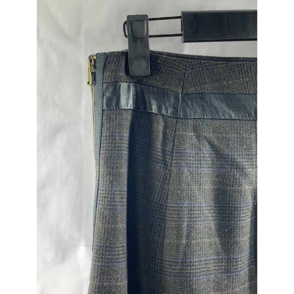CLUB MONACO Women's Brown Plaid Wool-Blend Leather Trim Side Slit Skirt SZ 2