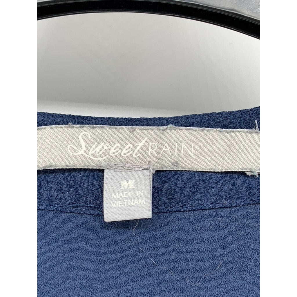 SWEET RAIN Women's Navy Cap Sleeve Split Neck Top SZ M