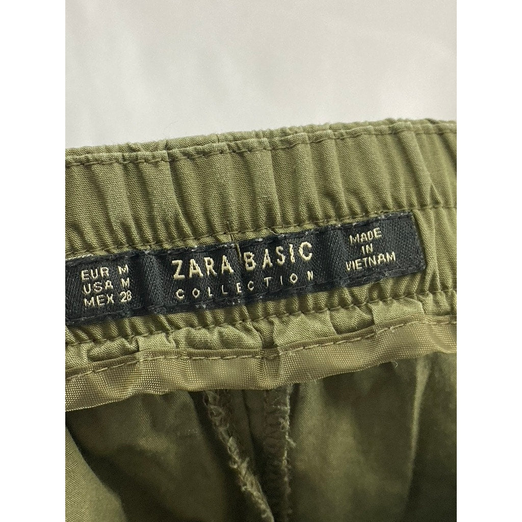 ZARA BASIC COLLECTION Women's Olive Green Straight-Leg Cotton Paperbag Pant SZ M