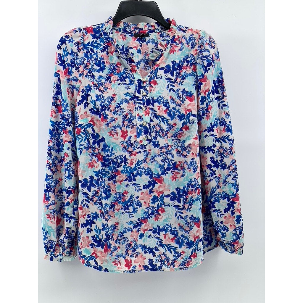 TALBOTS Women's Blue Floral Print Long Sleeve Henley Collar Shirt SZ XS