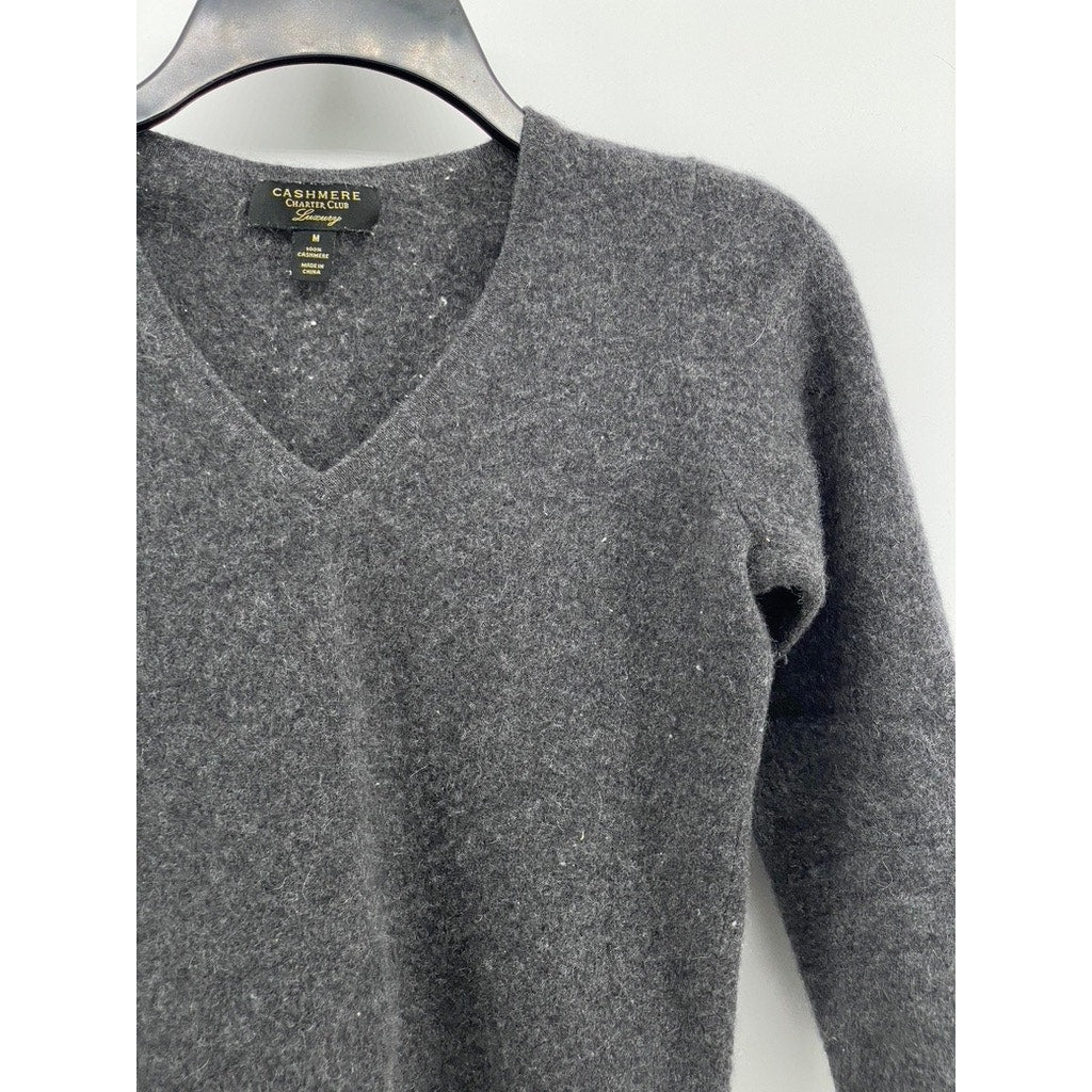 CHARTER CLUB Women's Charcoal Cashmere V-Neck Long Sleeve Sweater SZ M