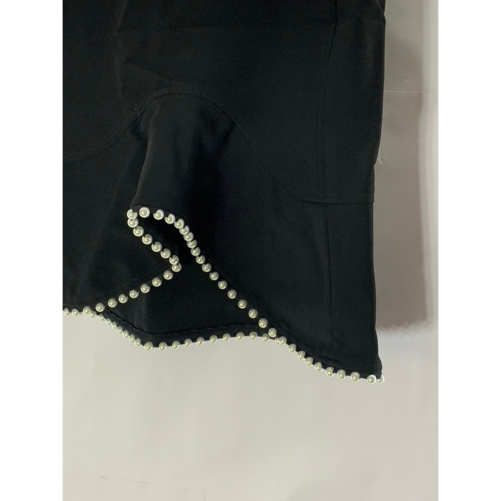 OCHIRLY Women's Black/Cream Embellished Pearl Trim Ruffle-Hem Mini Skirt SZ M