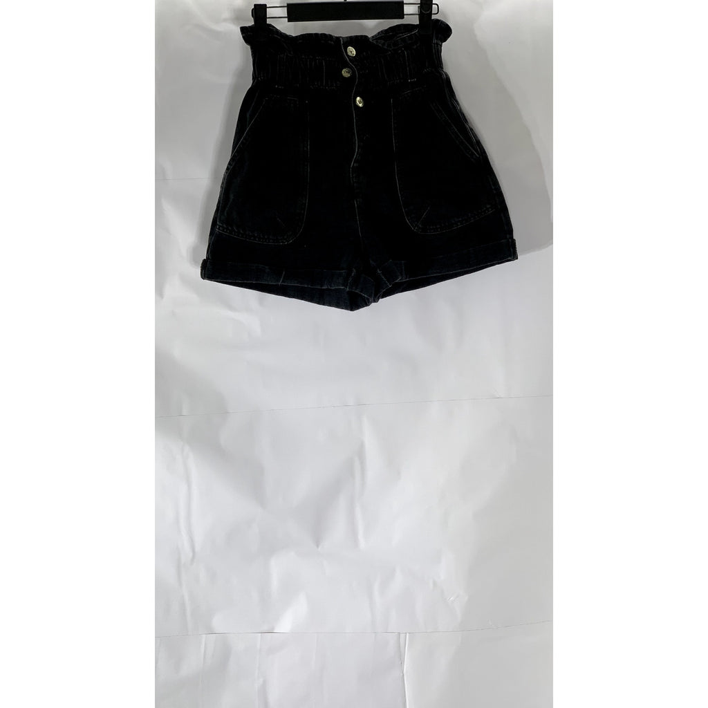 ZARA Women's Black Ruffle-Elasticized Waist Denim Cuffed Paperbag Shorts SZ 34
