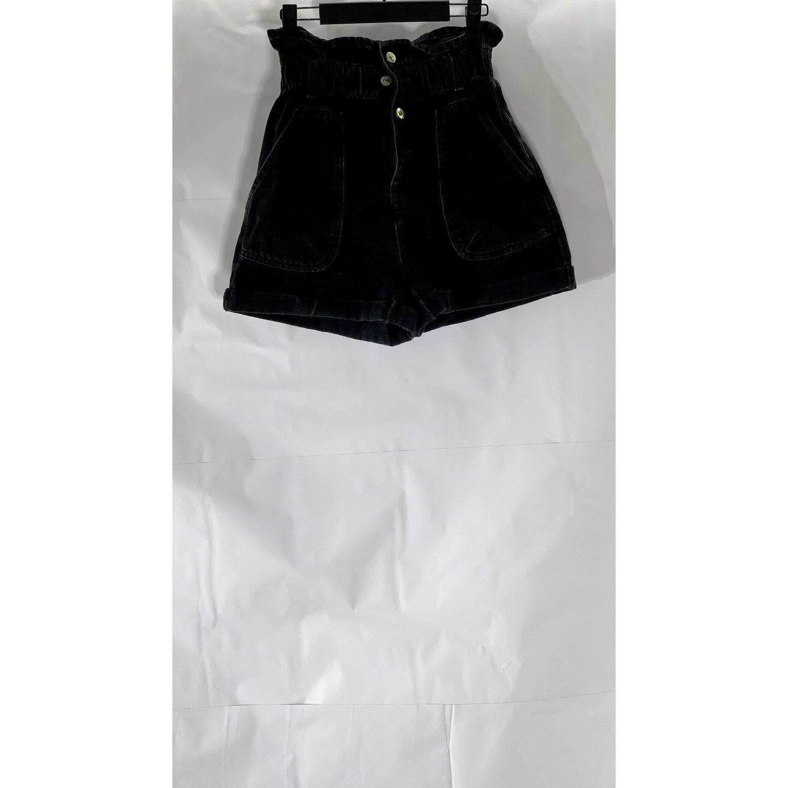 ZARA Women's Black Ruffle-Elasticized Waist Denim Cuffed Paperbag Shorts SZ 34