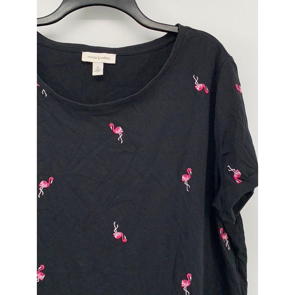 VINTAGE AMERICA Women's Black-Pink Embroidered Flamingo Top SZ XL