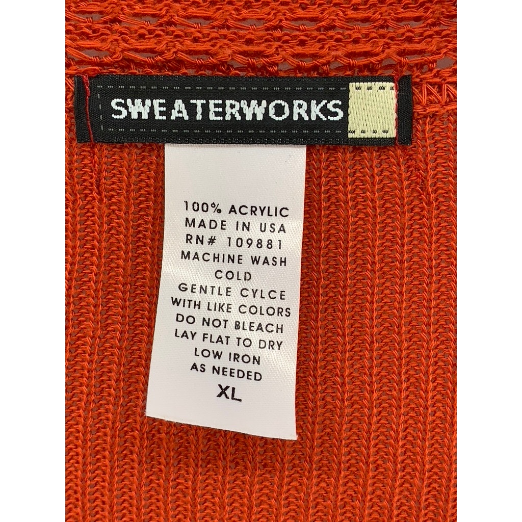 SWEATER WORKS Women's Orange Crochet Knit Open-Front Cardigan SZ XL