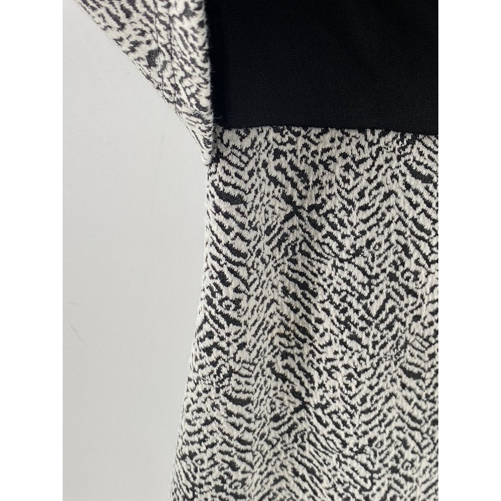 SEED Women's Black-White Printed Crewneck Short Sleeve Knee-Length Dress SZ S