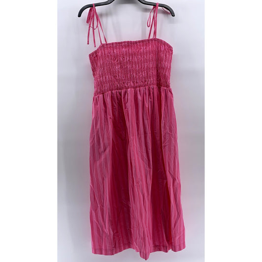 A NEW DAY Women's Pink Wide Stripe Smocked A-Line Tie-Strap Midi Dress SZ L