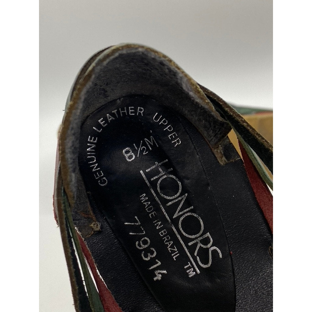 HONORS Women's Black-Multicolor Leather Strappy Round-Toe Slip-On Flats SZ 8.5