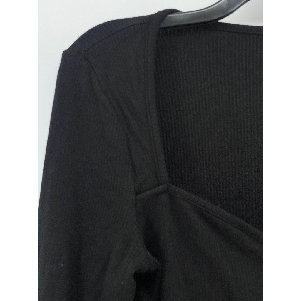SHEIN Women's Black Ribbed Straight-Neck Long Sleeve Bodysuit SZ 6