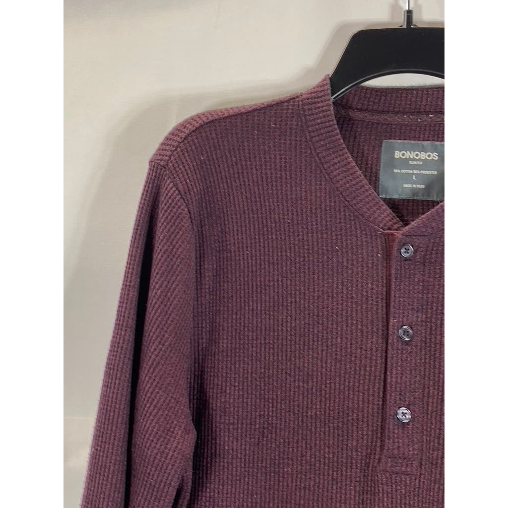 BONOBOS Men's Burgundy Slim-Fit Waffle Knit Long Sleeve Henley Shirt SZ L