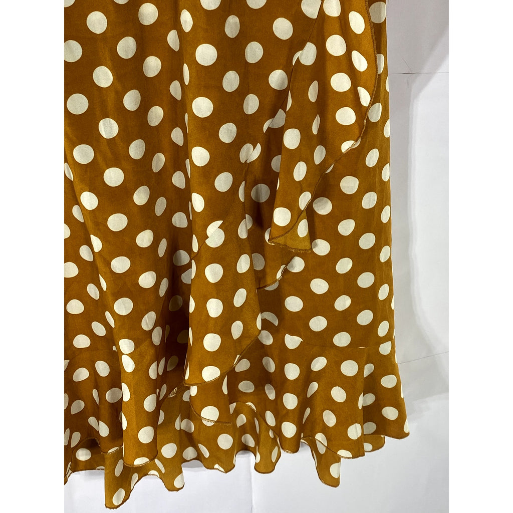 SHEIN Women's Carmel Brown-White Polka Dot Surplice Ruffle-Hem Dress SZ L