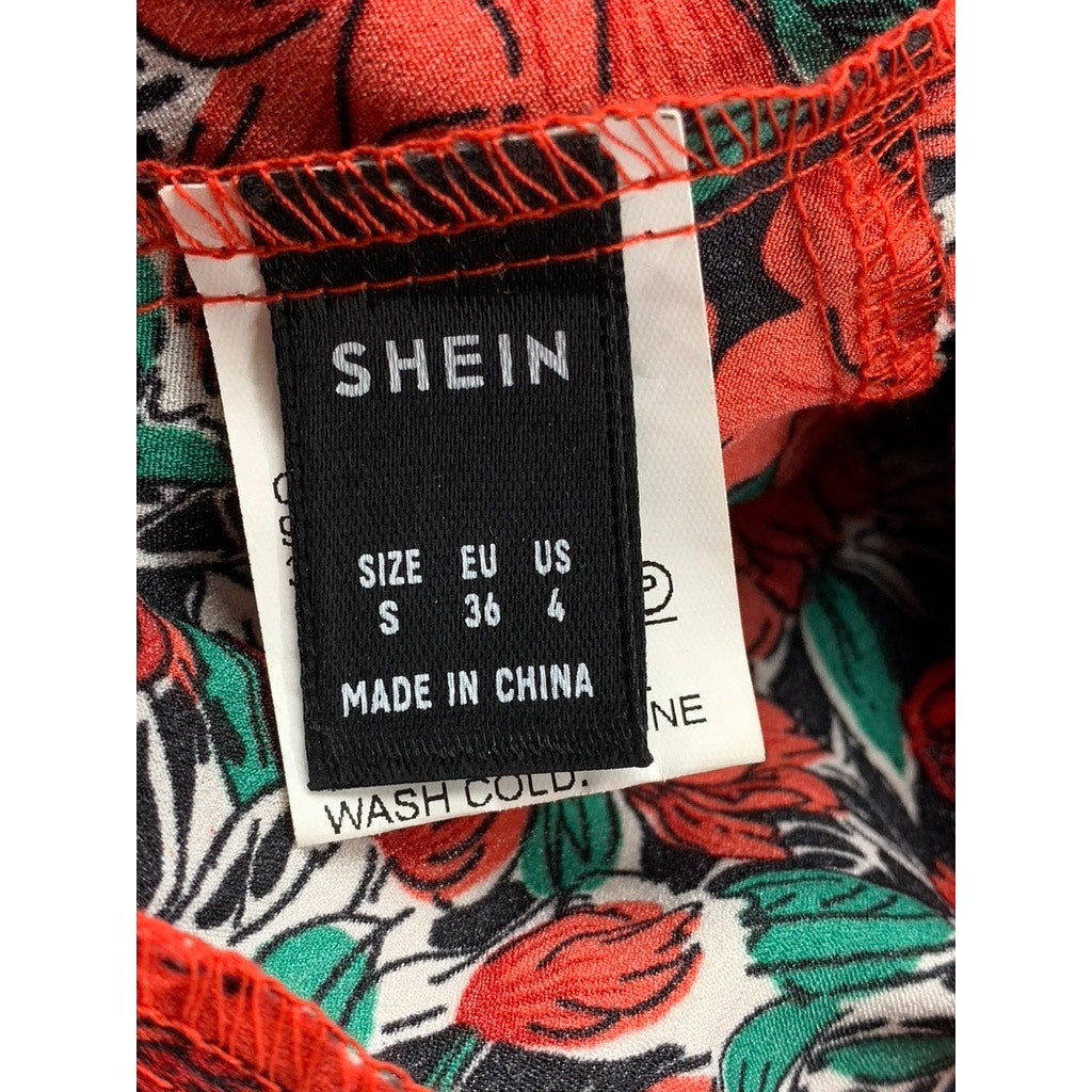 SHEIN Women's Red-Green Floral Short Puff Sleeve Wrap V-Neck Cropped Top SZ 4