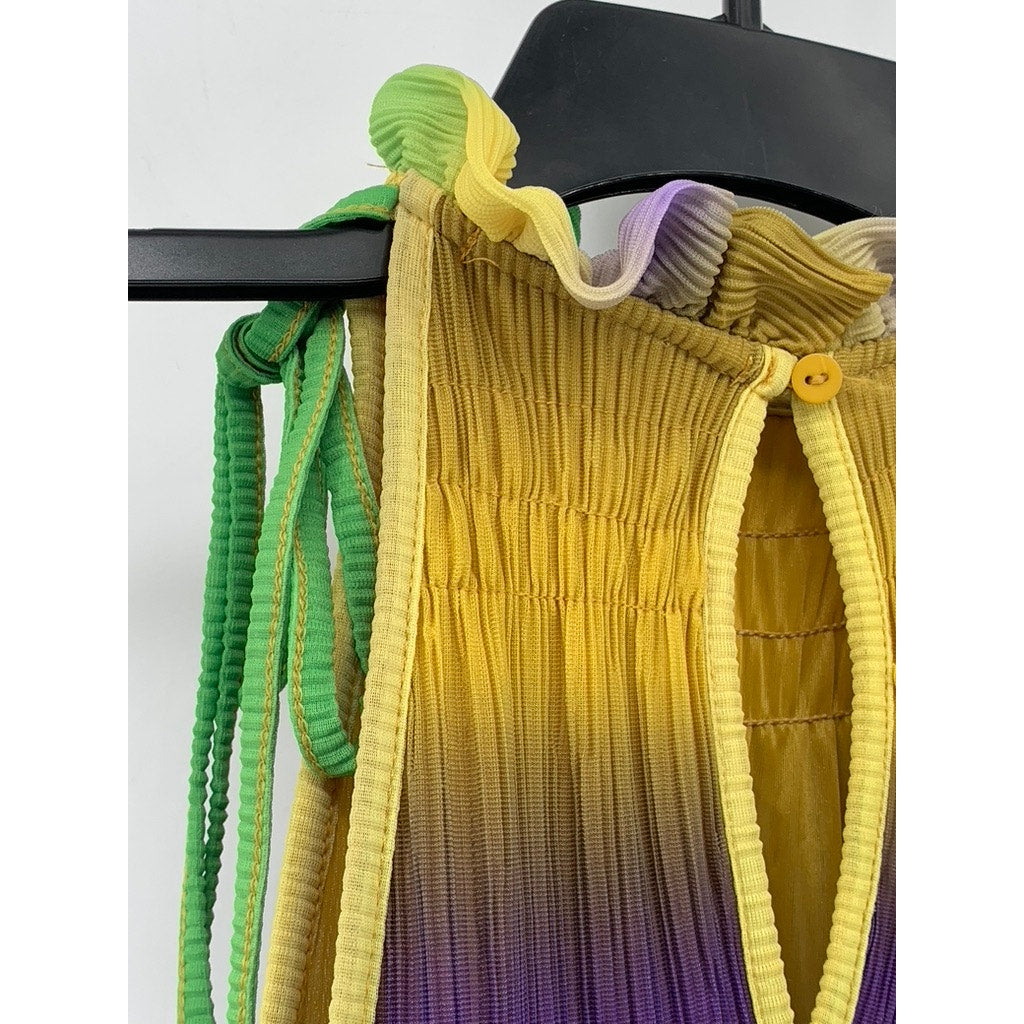 SFERA COLLECTION Women's Yellow-Green-Purple Ombre Pleated Halter Maxi Dress SZS