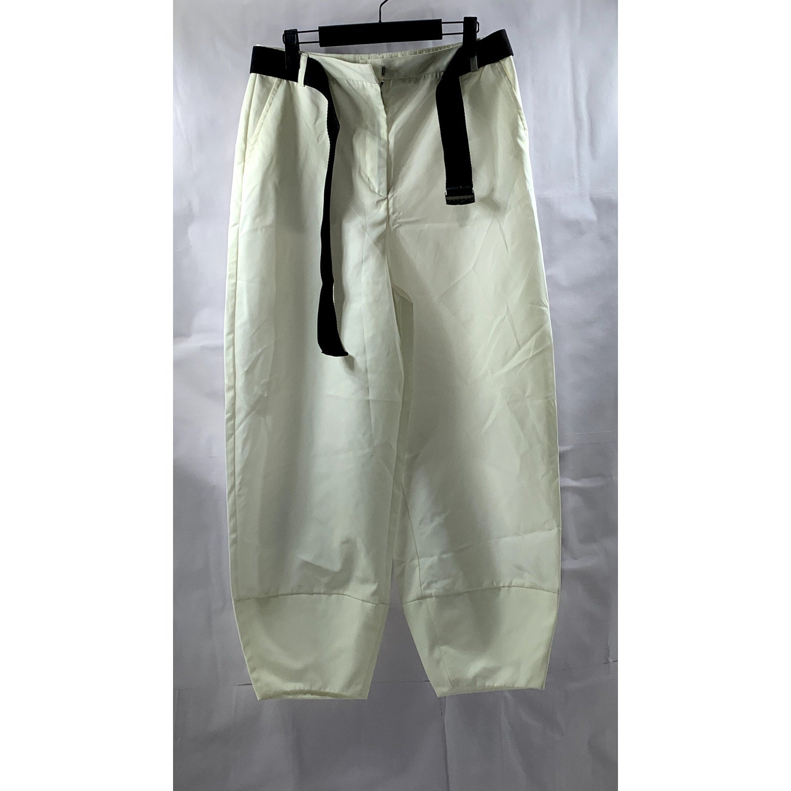 PLEASE Women's White-Black Solid Belted Baggy Pants SZ M