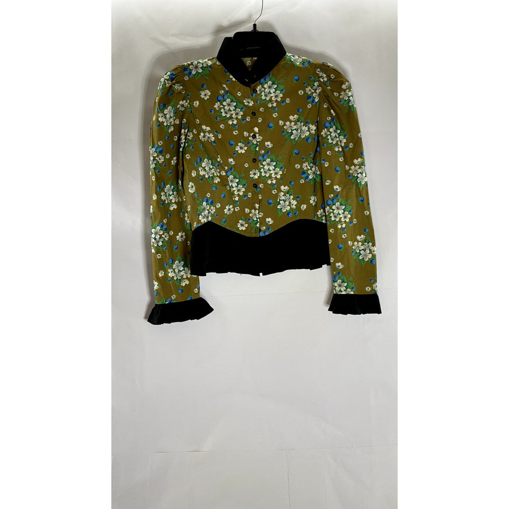 UNBRANDED Women's Green Floral Ruffle Button-Up Long Sleeve Top SZ S